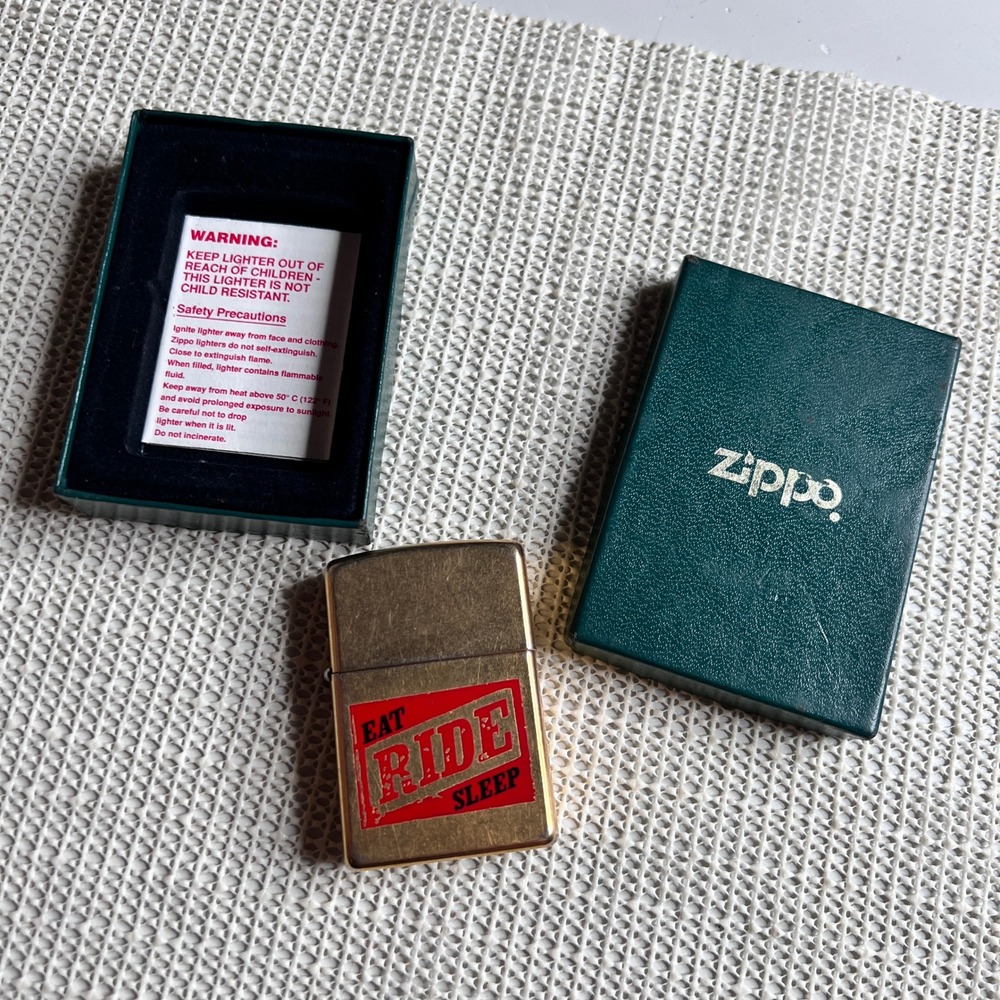 Zippo Lighter Eat Ride Sleep Brushed Brass 2004 Vintage Made in USA with Box
